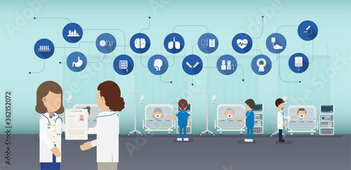 Medical service concept with medical icons and patient with ventilator flat design vector illustration