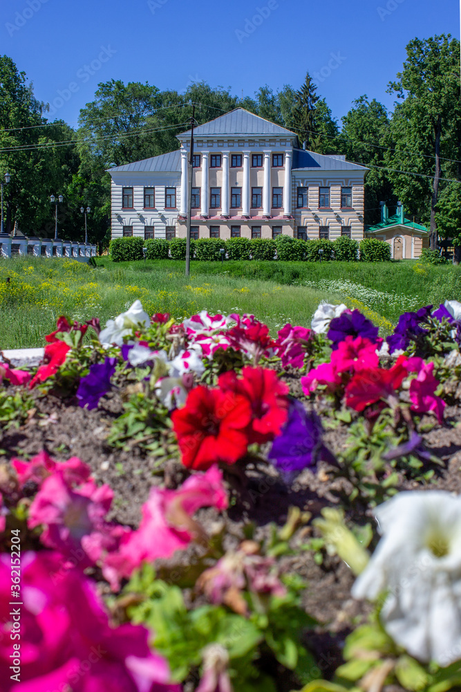 Russia, Uglich. Uglich Duma. Flowers on the flowerbed. Russia, Uglich. Uglich Duma. Flowers on the flowerbed.