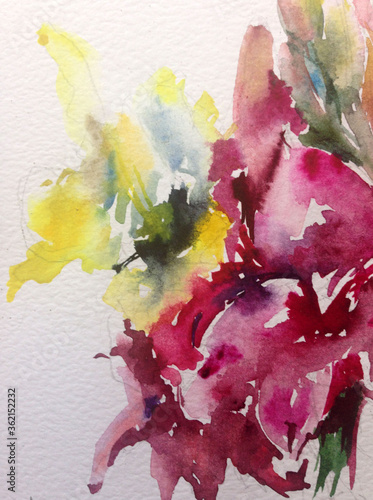Abstract bright colored decorative background . Floral pattern handmade . Beautiful tender romantic bouquet of gladiolus flowers , made in the technique of watercolors from nature.