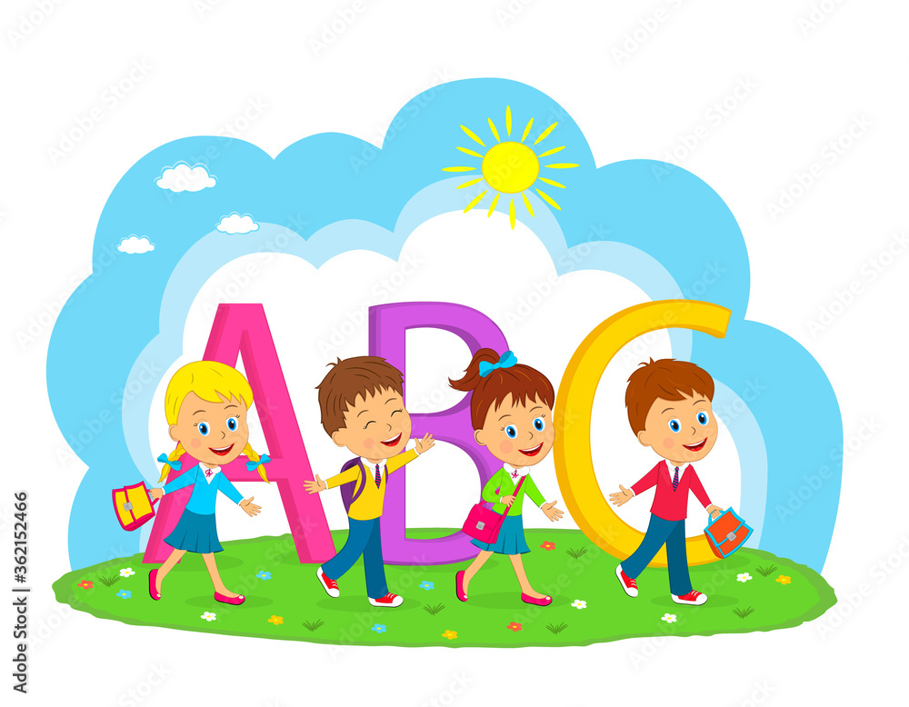 kids go with bag and letters, illustration,vector