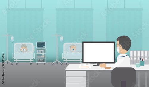 Medical service concept with blank screen monitor and critical patients flat design vector illustration
