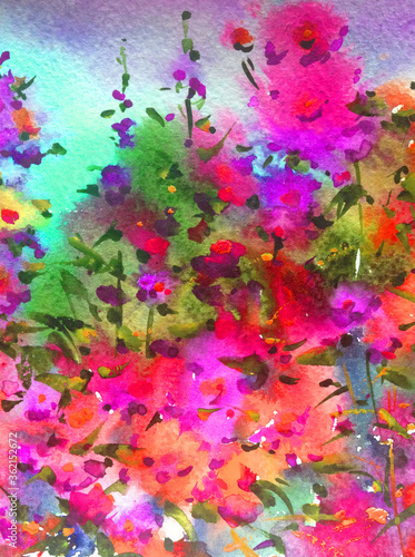 Abstract bright colored decorative background . Floral pattern handmade . Beautiful tender romantic garden with wild flowers , made in the technique of watercolors from nature. © olha