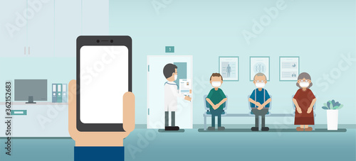 Medical service with blank screen mobile phone and doctor with patients in waiting area vector illustration