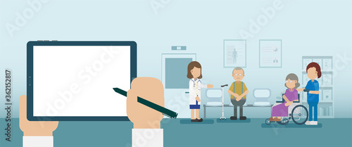 Elder care concept with blank screen tablet