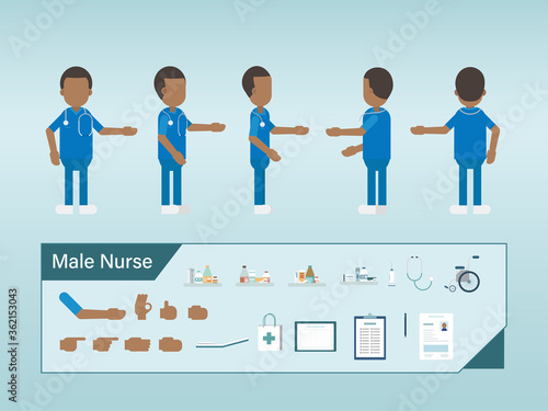 Set of african american male nurse characters wear blue uniform flat design vector illustration