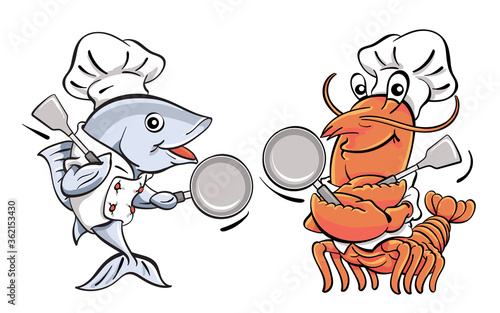 Cartoon character of lobster chef and fish chef, holding frying pan and spatula