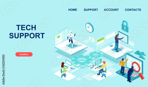 Vector of IT team and AI offering tech assistance with computer at work.