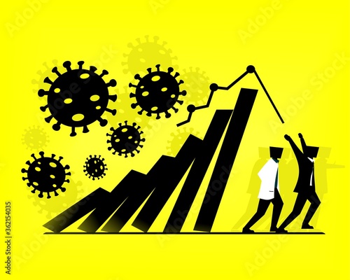 Corona virus impact to global economy design concept. Silhouettes of businessman,doctor, people running from falling bar graph, economy collapse Illustration vector
