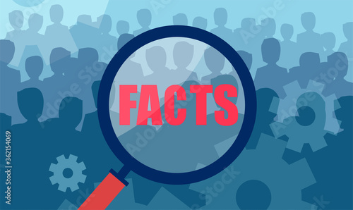 Vector of a magnifying glass over crowd of people in search of facts
