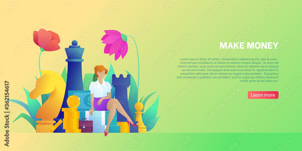 Obraz premium Concept of making money, profit and business. Landing page template with young female character in office clothes. Big chess figures. Business woman earns money. Flower decor flat vector illustration