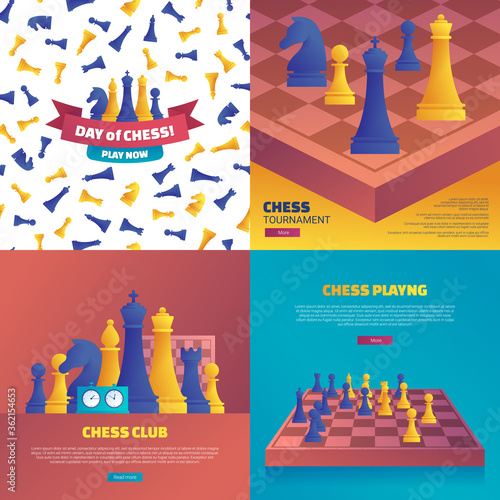 Chess playing posters set. Chessboard with blue and yellow chess pieces. Chess classes, tournament and camp for players vector illustration. Day of chess, play now. Hobby and professional competition.