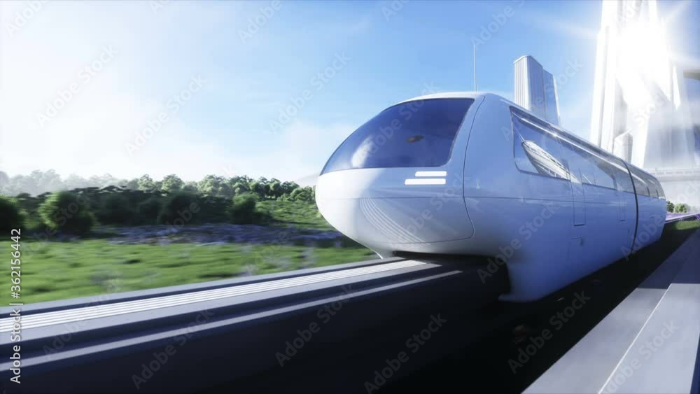 futuristic sci fi monorail train. Concept of future. Futuristic city background. Grass field. 4K realistic animation. futuristic sci fi monorail train. Concept of future. Futuristic city background. Grass field. 4K realistic animation.