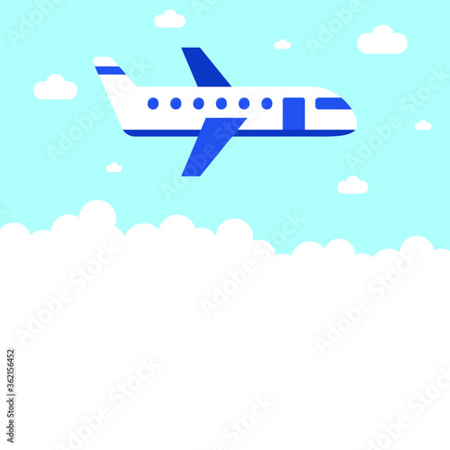 A plane flying over clouds. Flat design.