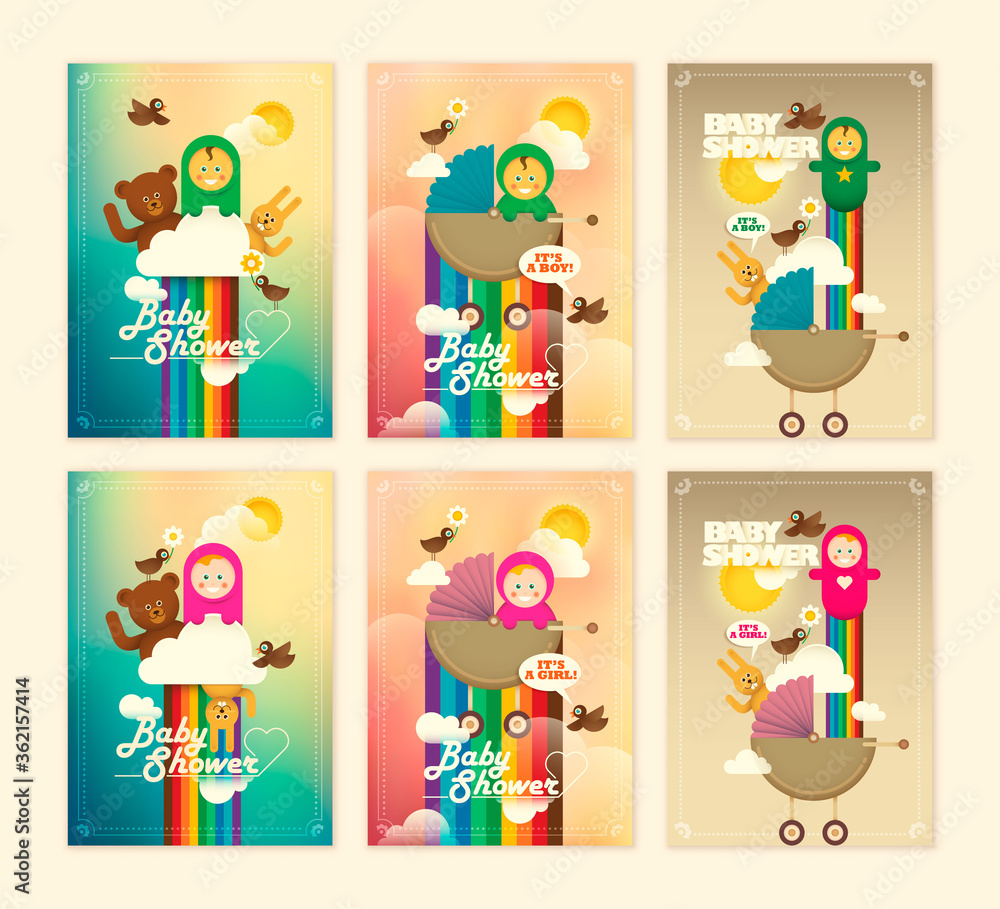 Fototapeta premium Set of various baby shower stickers in comic retro style. Vector illustration.