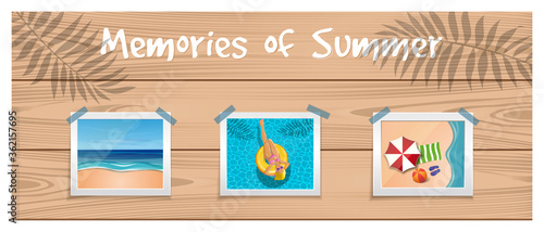 Memories of summer. Summer design set. Photos about summer rest are attached with an adhesive tape to the wooden board. Vector illustration © kiberstalker