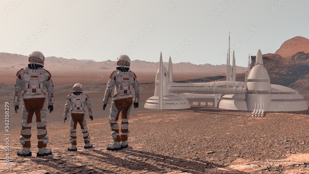 Family colonists immigrants to Mars, a man, a woman and a child admire the Martian landscape