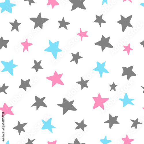 seamless pattern with hand drawn stars  of grey, blue and pink colours. Good for kids textile and fabric prints, wrapping paper, wallpaper, scrapbooking, stationery, etc. 