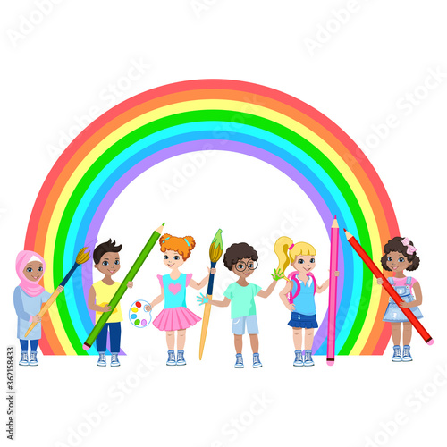 Happy children of different nationalities draw on the wall. Preschool creativity. Colorful illustration in cartoon style isolated on white background.