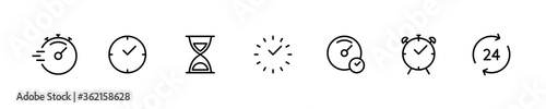 Time and clock vector linear icons. Time management. Timer, speed, alarm, recovery, stopwatch and more. Isolated time collection for websites icon on a white background. Set of vector characters.