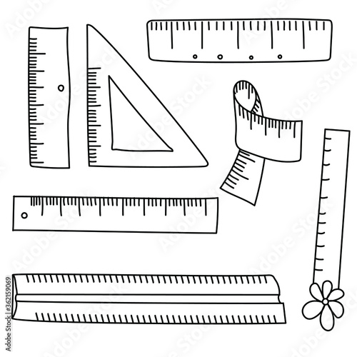 Set of cute doodle rulers, outline vector illustration for design and creativity
