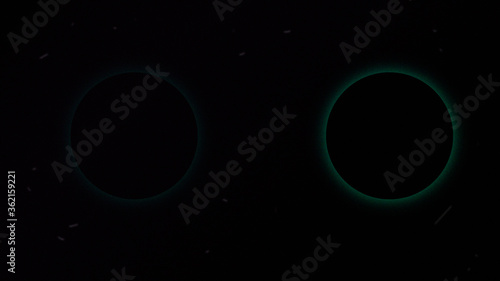 Two mystical planets with a glowe with noise and interference