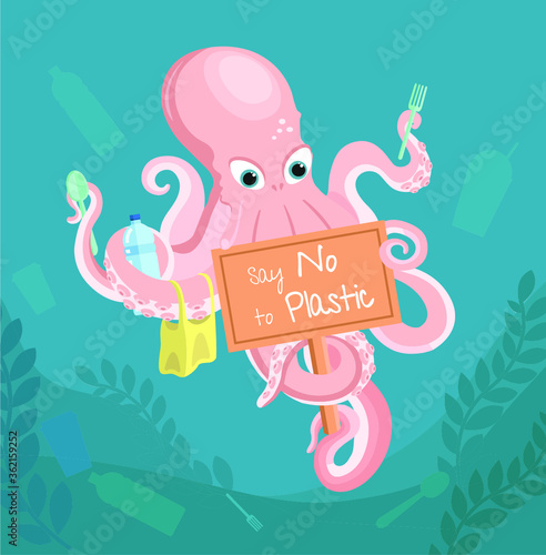No to plastic. Stop ocean plastic pollution. Recycling plastic. Ecological problem and catastrophe. Say no to plastic. Creative vector template poster, banner, flyer, social advertisement.