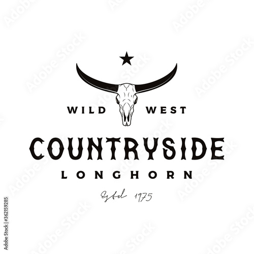 Vintage Retro Texas Longhorn Buffalo Bull Cow cattle for Western Farm Ranch Country logo design
