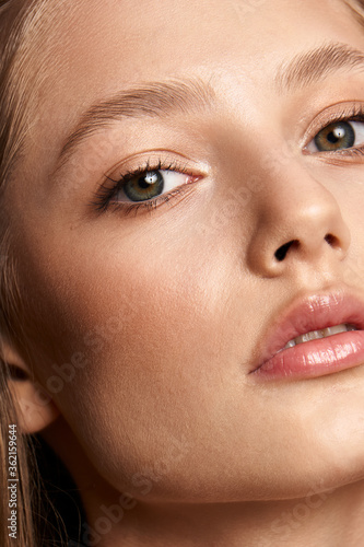 Beauty makeup. Woman face with eyes and eyebrows make-up