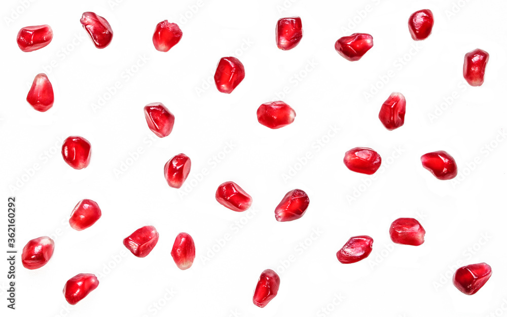 Pomegranate seeds isolated on white background. Fruit Wallpaper background