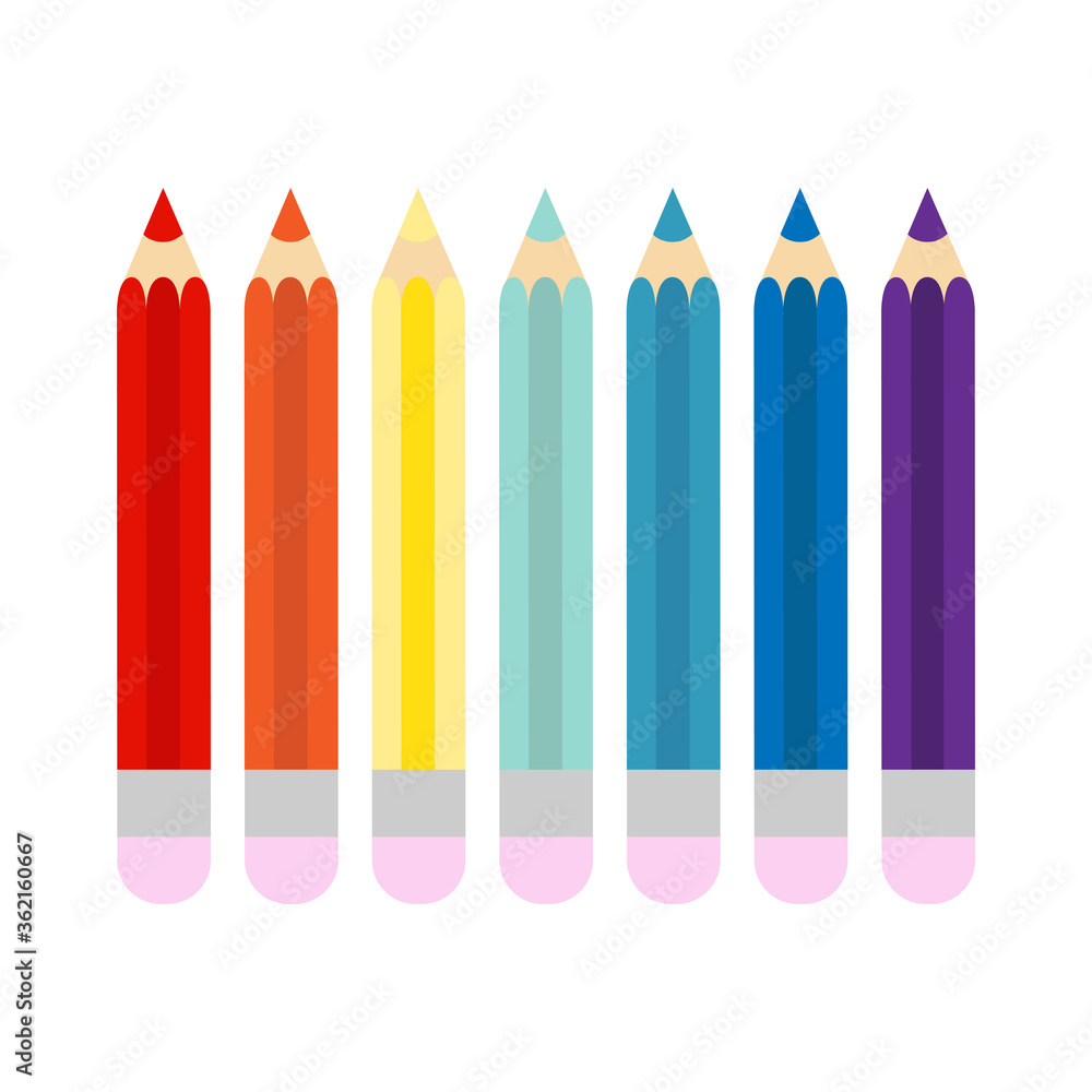 Pencils painted in different colors on white background. Flat vector illustration. Pencils painted in different colors on white background. Flat vector illustration.
