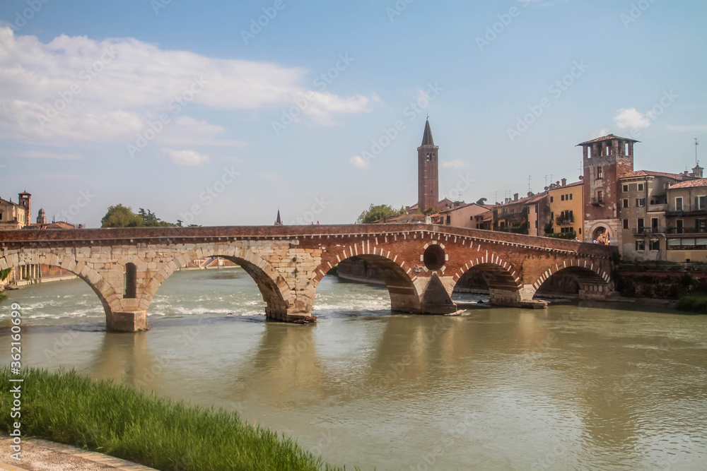 The Ponte Pietra, Adige River, Stone Bridge, Verona, Veneto, Italy