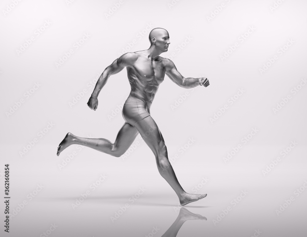 TITLE: 3D Render : an illustration of a male character model with silver texture TITLE: 3D Render : an illustration of a male character model with silver texture