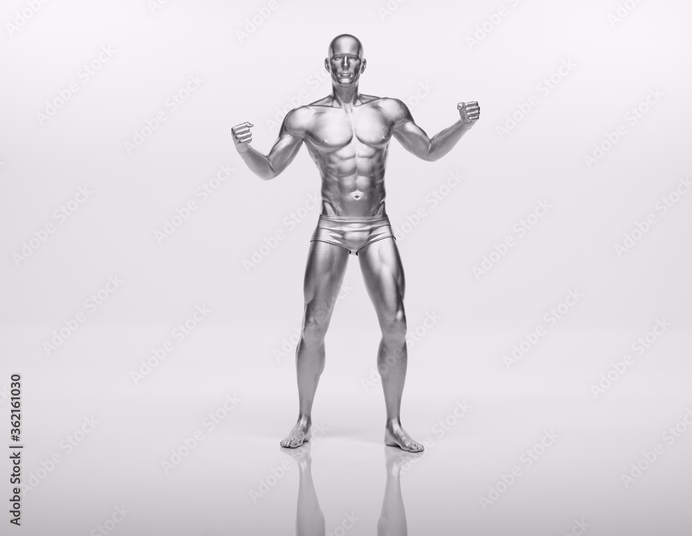 TITLE: 3D Render : an illustration of a male character model with silver texture TITLE: 3D Render : an illustration of a male character model with silver texture