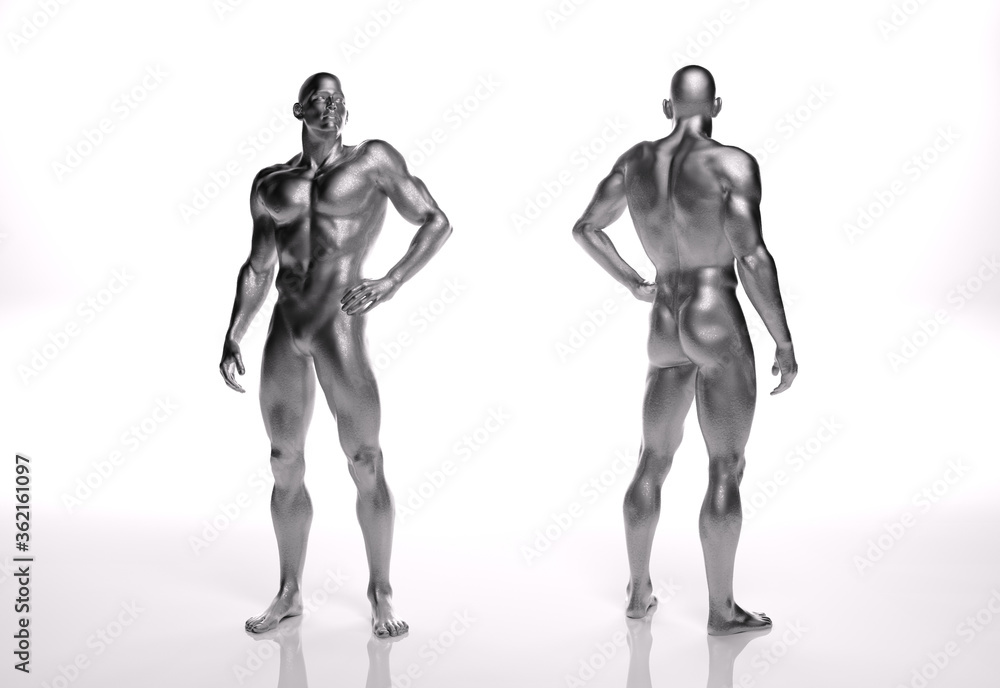 TITLE: 3D Render : an illustration of a male character model with silver texture TITLE: 3D Render : an illustration of a male character model with silver texture