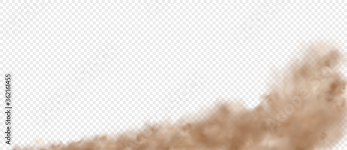 Cloud road dust from car. Smoke trail from rapid movement car or motorcycle. Sandstorm cloudiness isolated transparent effect.