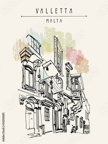 Valletta, Malta, Europe. Pedestrian street in old town. Nice historical buildings. Travel sketch drawing. Verticl vintage poster, postcard template, book illustration. EPS10 vector