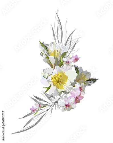 Romantic, tender isolated bouquet with white and pink flowers of lilies and orchids on a white background. Vector with elements of tropical plants, leaves, stems, branches, silhouettes, collected in