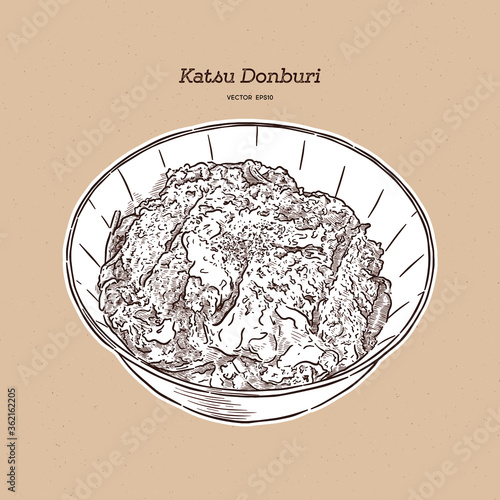 Katsudon is a popular Japanese food, hand draw sketch vector.
