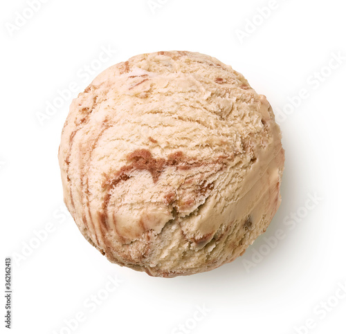 Nougat hazelnut ice cream scoop on white background