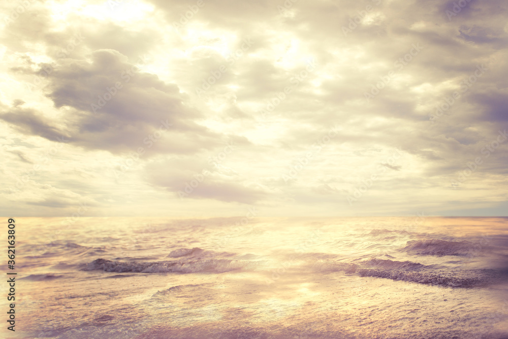 Fototapeta premium Sea Beach and Clouds Sky, Landscape of Sun and Waves on Coast, Coastline Seascape Scenic View