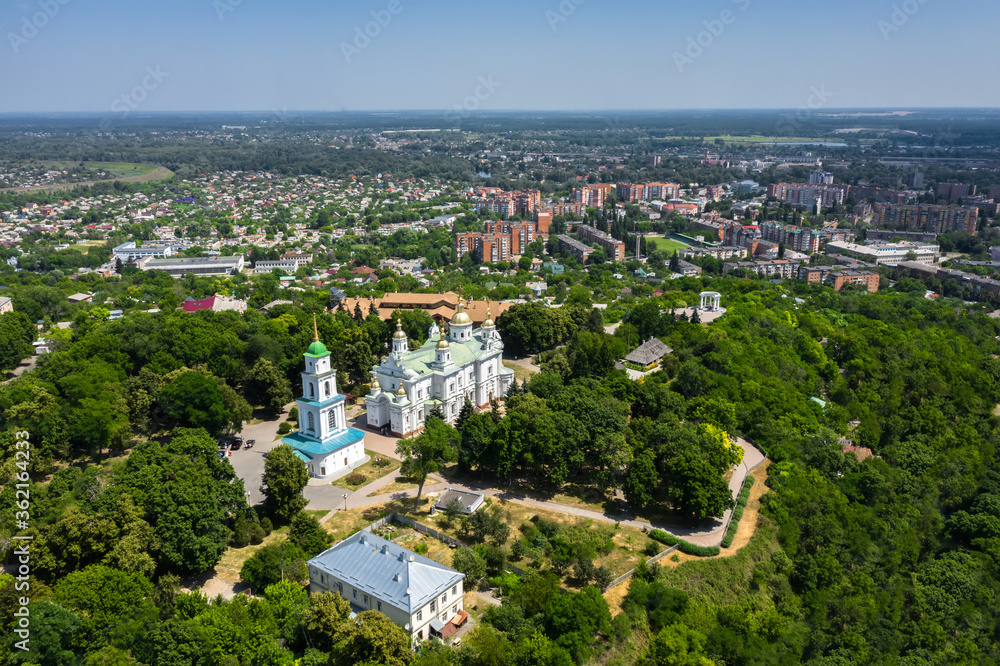 Poltava city Holy Assumption Cathedral aerial view.
