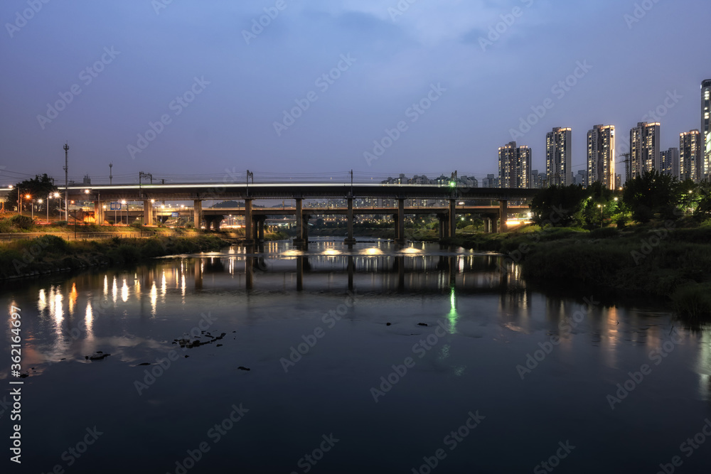 Jungnangcheon stream and subway bridge