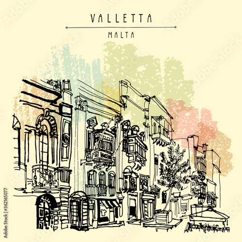 Valletta, Malta, Europe. Pedestrian street in old town. Nice historical buildings. Travel sketch drawing. Hand drawn poster, postcard template, book vector illustration