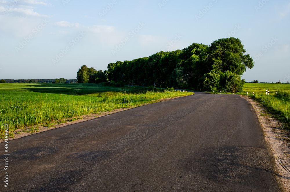 Winding paved road going into the distance without cars and people Winding paved road going into the distance without cars and people