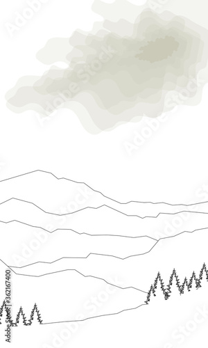 Coloring of forest silhouette against the background of mountains