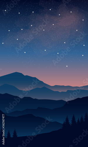 Forest silhouette against the background of mountains and starry sky