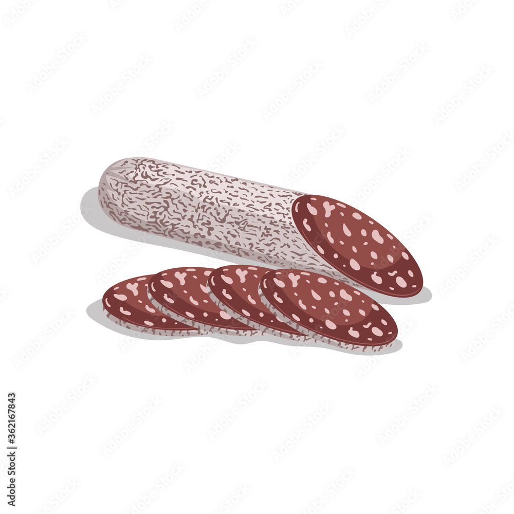 Cartoon flat style dry cured salami with slices. Italian or mediterranian meat product in bright layered cover. Vector illustration isolated on white background. Cartoon flat style dry cured salami with slices. Italian or mediterranian meat product in bright layered cover. Vector illustration isolated on white background.