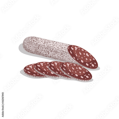 Cartoon flat style dry cured salami with slices. Italian or mediterranian meat product in bright layered cover. Vector illustration isolated on white background.