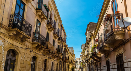 A traditional street on Ortygia island in Syracuse, Sicily in summer