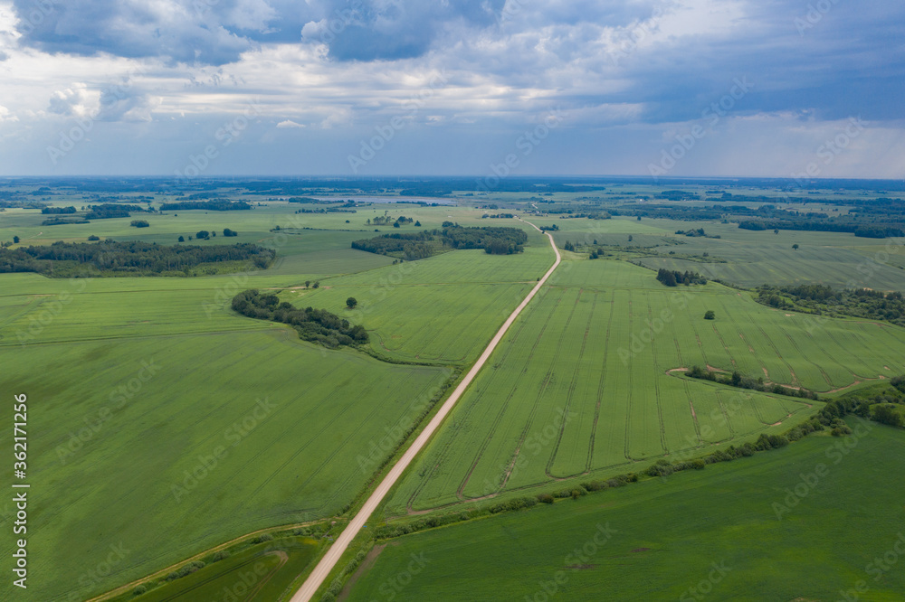 Aerial view of gravel road on green farmland fields in summer time